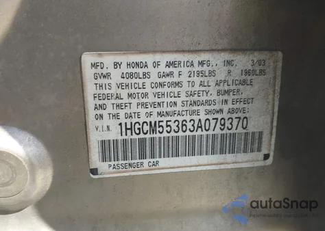 2003 Honda Accord 2.4 Lx z USA, uszkodzony, nr VIN 1HGCM55363A079370